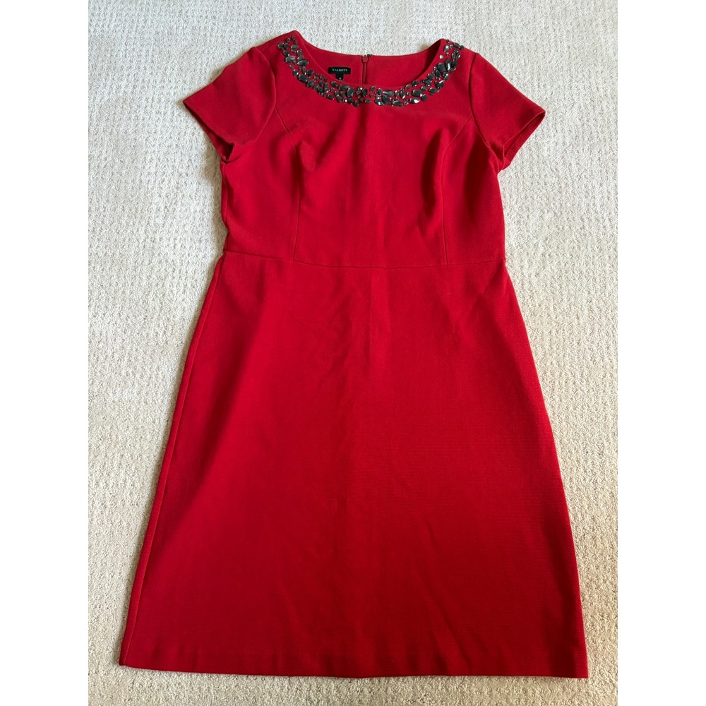 Talbots Sheath Dress 12 Red Jeweled Neckline Luxury Parisian Festive Holiday